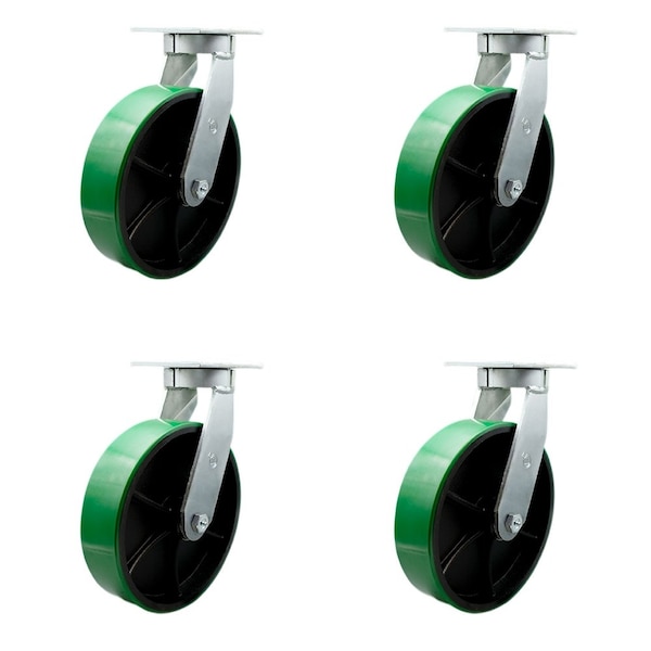 Service Caster 12'' Heavy Duty Green Poly on Cast Iron Swivel Caster Set with 2 Swivel Locks, 4PK CRAN-SCC-KP92S1230-PUR-GB-BSL-2-S-2 - main